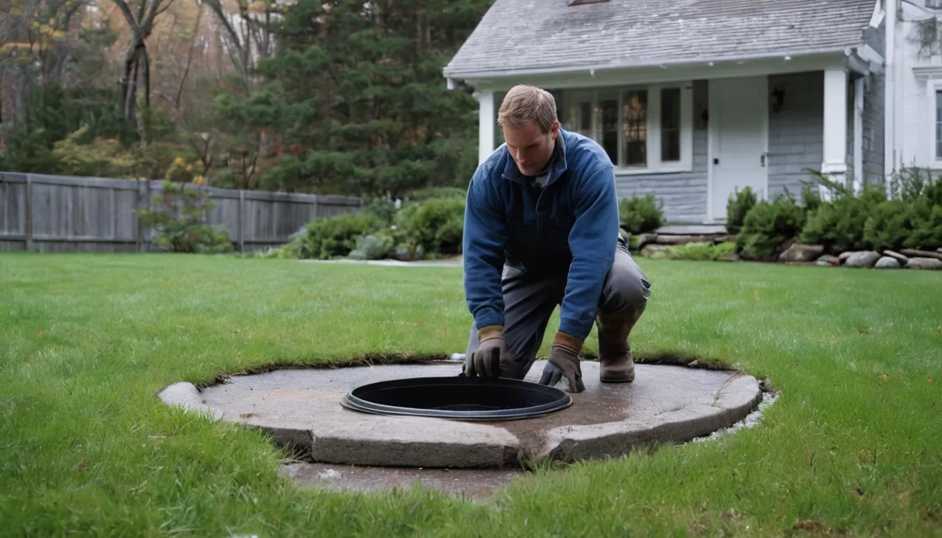 A local provider checking a septic tank lid beside an older home in Downingtown